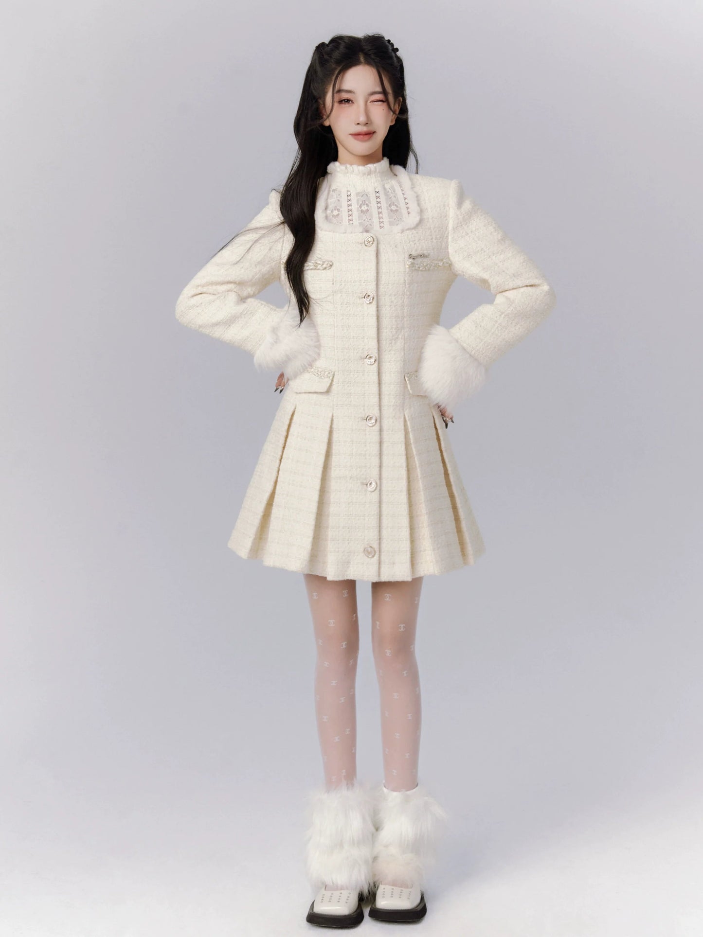 Ivory Tweed Coat Dress With Fur-trimmed Cuffs