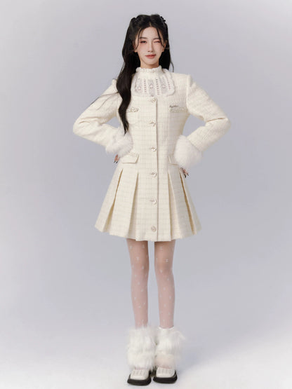 Ivory Tweed Coat Dress With Fur-trimmed Cuffs