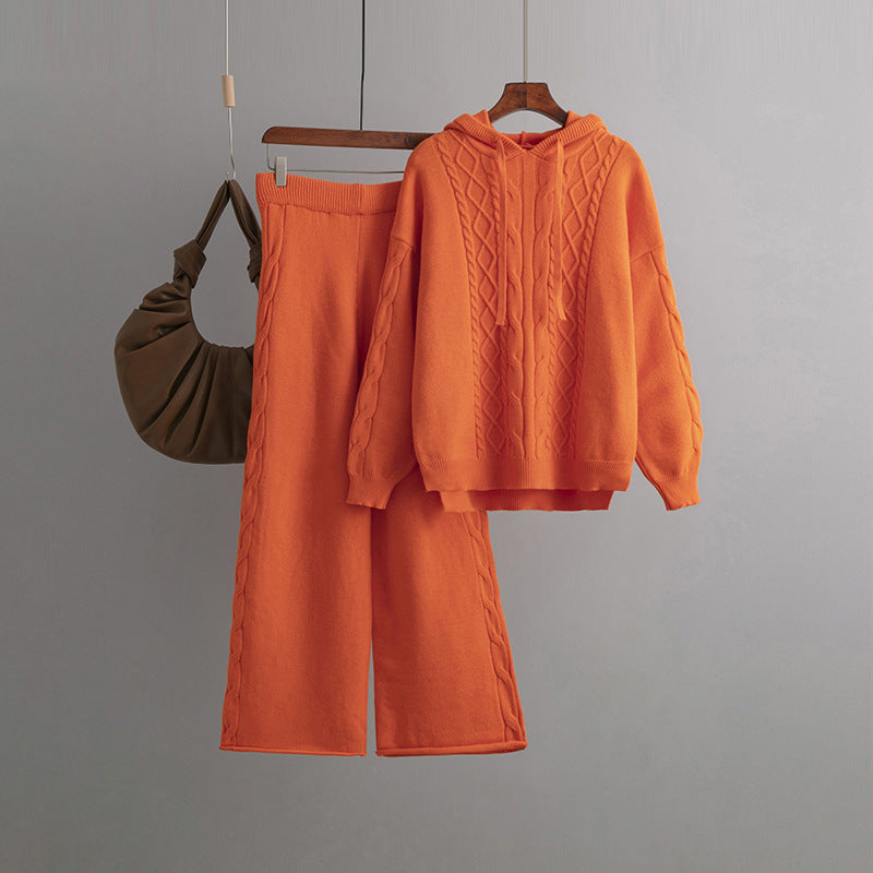 Autumn Winter Suit Hoodie With Drawstrings Loose Sweater Draping Wide Leg Trousers Twist Two Piece Suit
