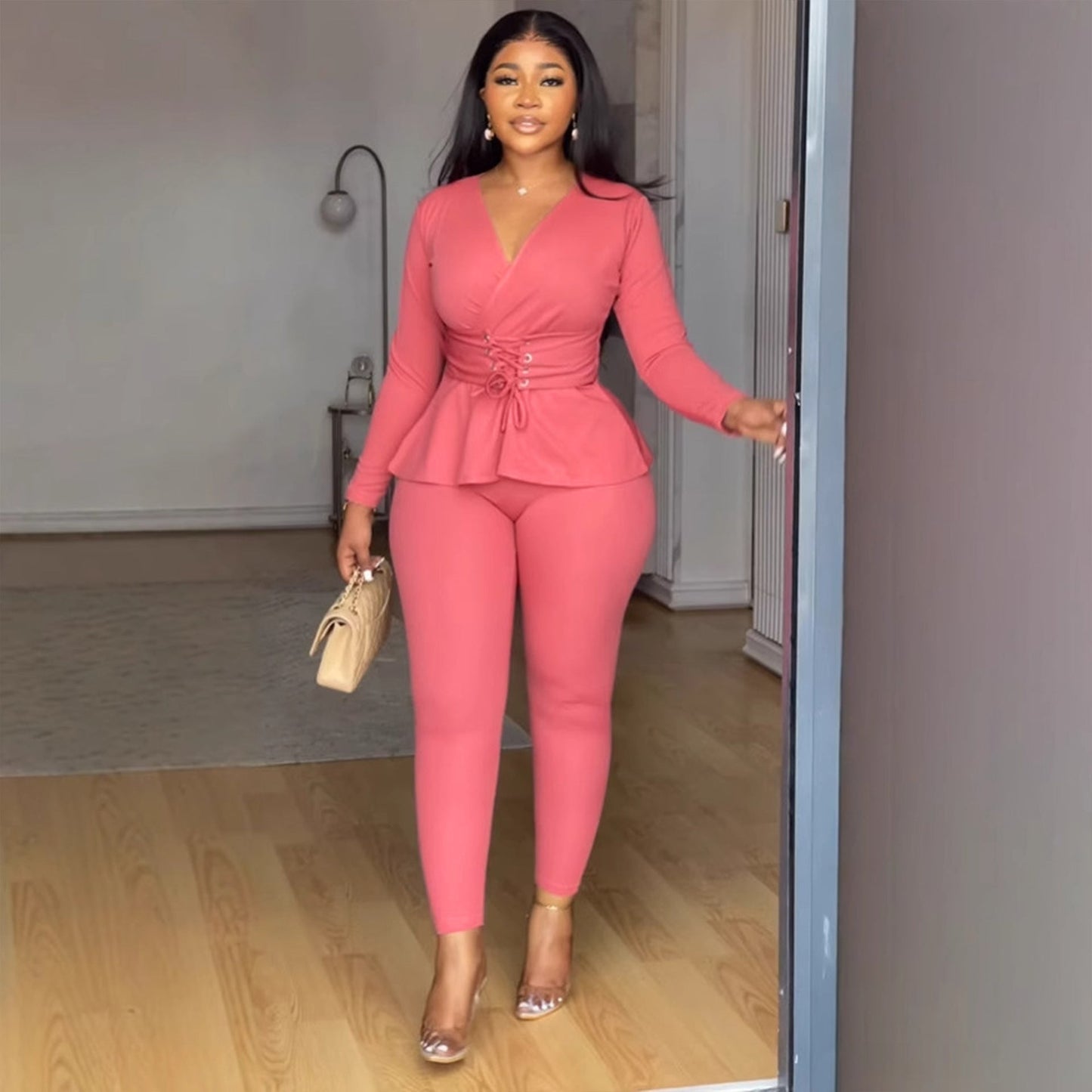 Color V Neck Waist Tight Stretch Long Sleeve Blouse Two Piece Pants Sets