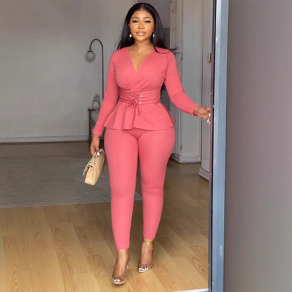 Color V Neck Waist Tight Stretch Long Sleeve Blouse Two Piece Pants Sets