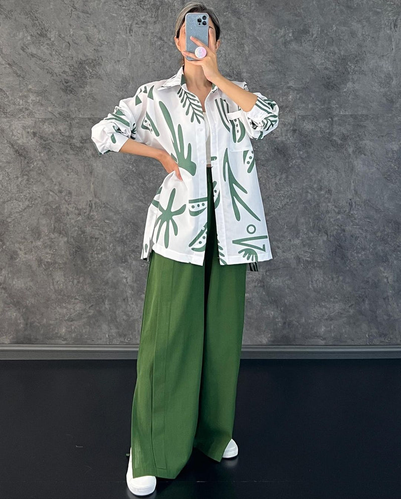 Clothing Long Sleeve Printed Shirt High Waist Slit Wide Leg Pants Set Amplified Craft