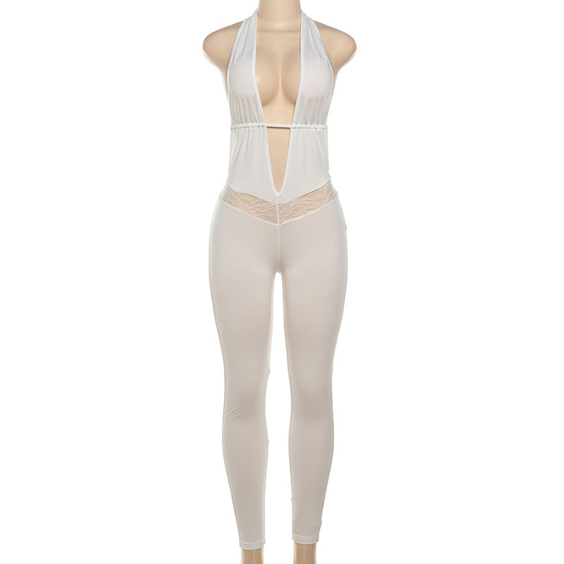 Summer Halter Deep V Plunge Neck Backless Lace Hollow Out Cutout Slim Trousers Jumpsuit