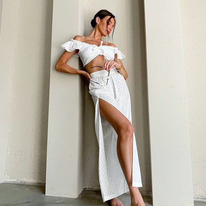 Summer Pants Set Ruffled Stitching Flying Sleeves Jacquard Slit