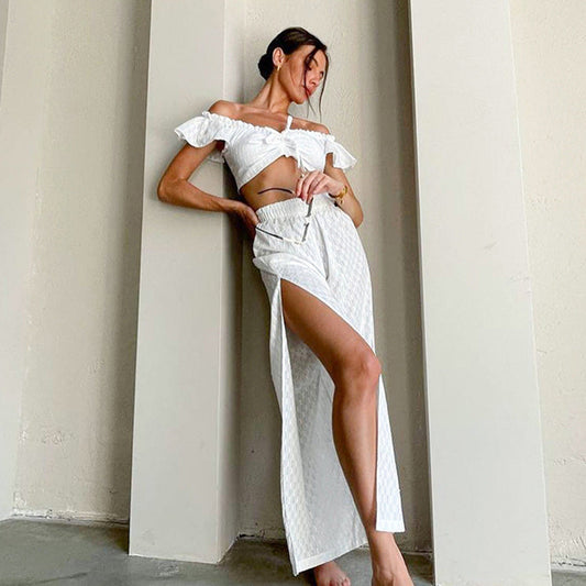 Summer Pants Set Ruffled Stitching Flying Sleeves Jacquard Slit