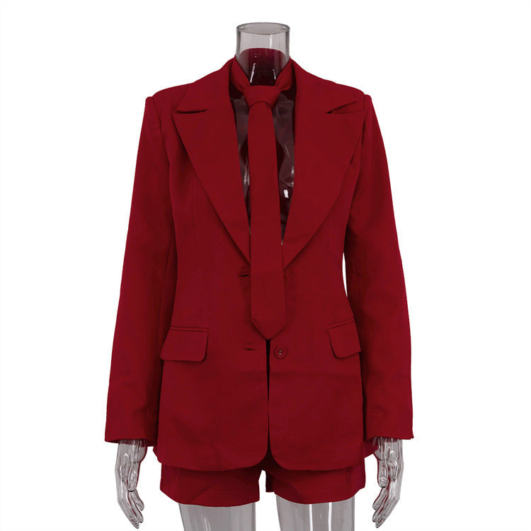 Spring Summer Office Red Necktie Outfit Shorts Jacket Two Piece Set