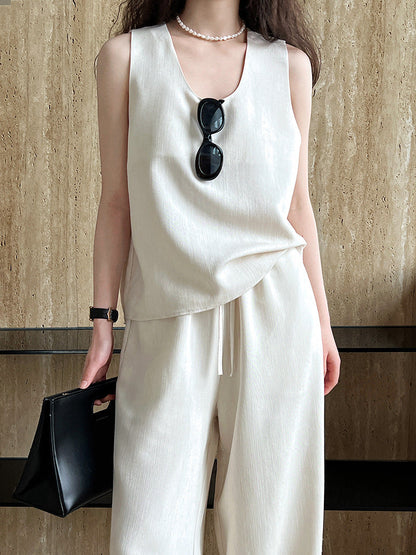 Back Slit Sleeveless Vest Waistcoat Top Wide Leg Pants Two Piece Korean Commuting Suit