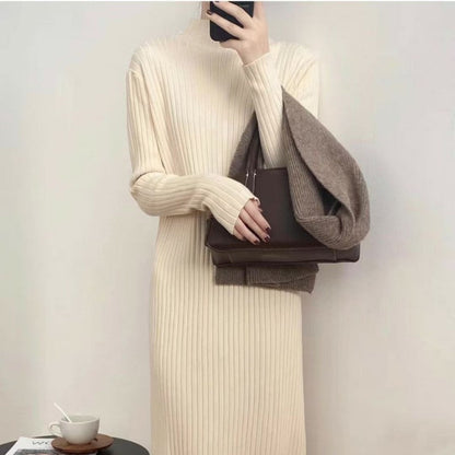 Autumn Winter Mock Neck Sweater Mid Length Below the Knee Coat Base Ride Tassel Dress Swing Knitted Dress