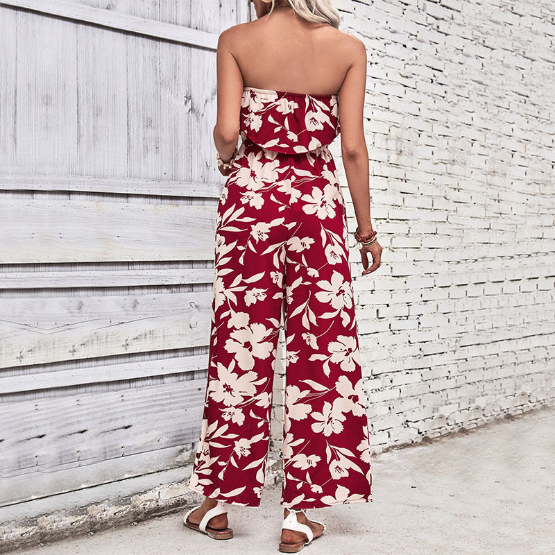 Summer Clothing Printed Tight Red Jumpsuit