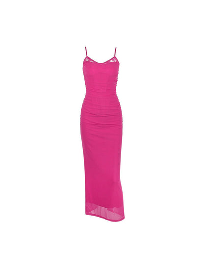 Boning Corset Mesh Lace Stitching Split Maxi Dress