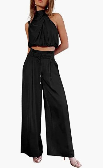 Sleeveless Collar Two Piece Sets Wide Leg Pants Summer Cropped Top
