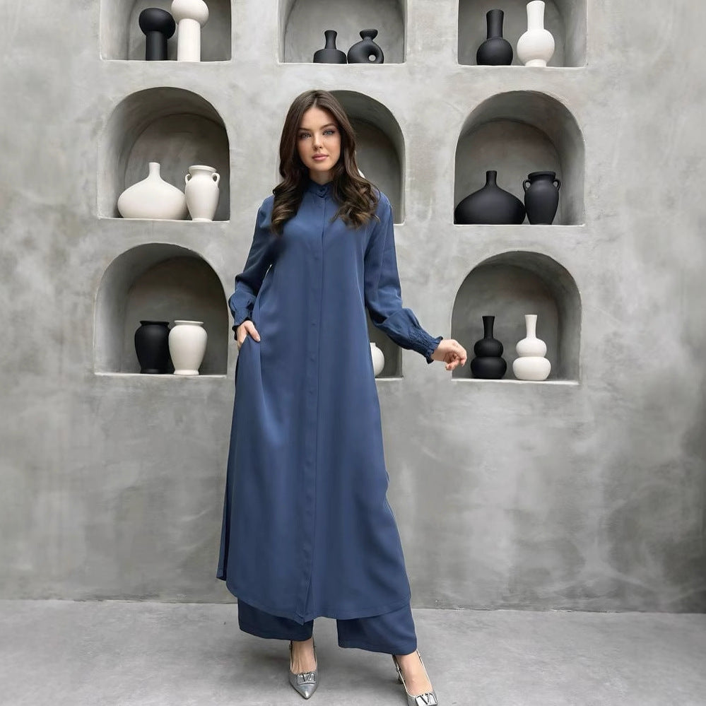 Clothing Multi Button Long Sleeve Split Stand Collar Shirt Straight Pants Two Piece Set