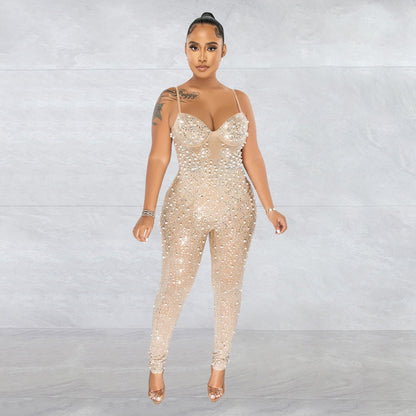 Wear Color Mesh Rhinestone Sleeveless Trousers Jumpsuit