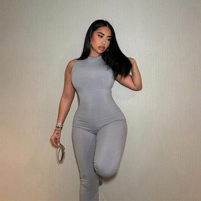 Jumpsuit Round Neck Sleeveless Color Bell Bottom Pants Tights Sports