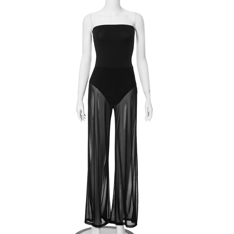 Clothing Autumn Winter Sleeveless Slim Fitting Patchwork See Through Jumpsuit
