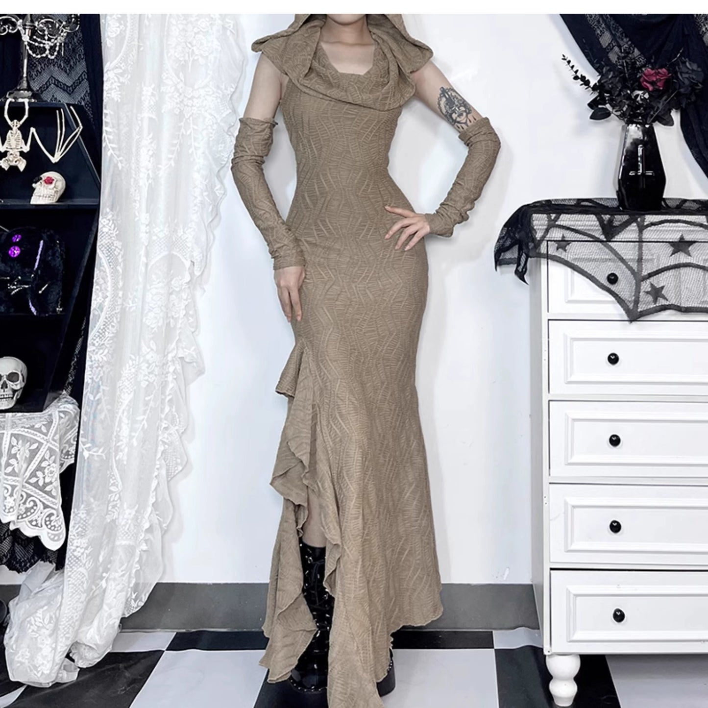 Wannathis Avant-garde Hooded Maxi Dress - Taupe Cold Shoulder Gown With Ruffle Detail