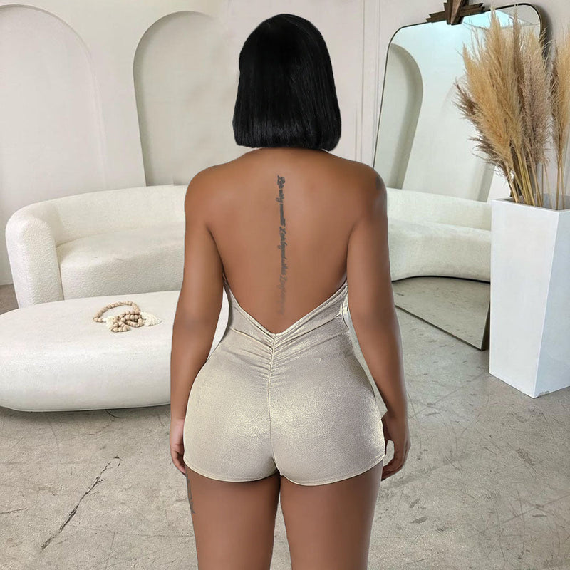 Spring Summer Halter Backless Cutout Tight Metal Feeling Jumpsuit