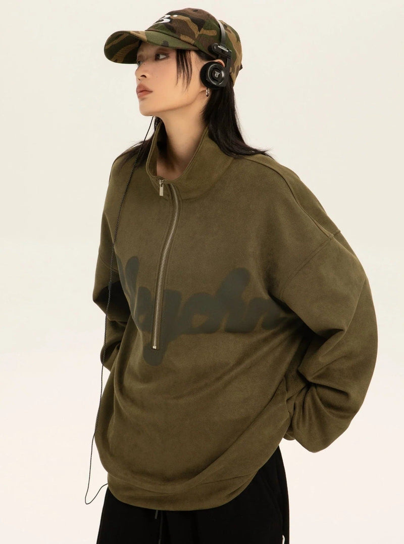 Oversized Suede Sweatshirt With Zipper Polo Collar