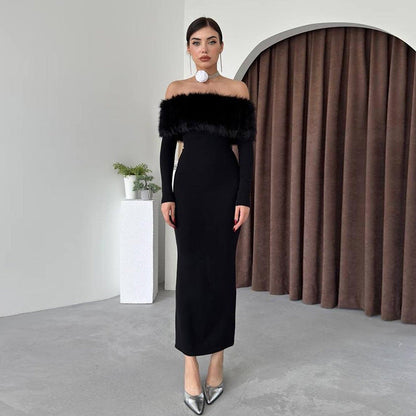 Autumn Maxi Dress Off Shoulder Fur Collar Slim Fit Dress