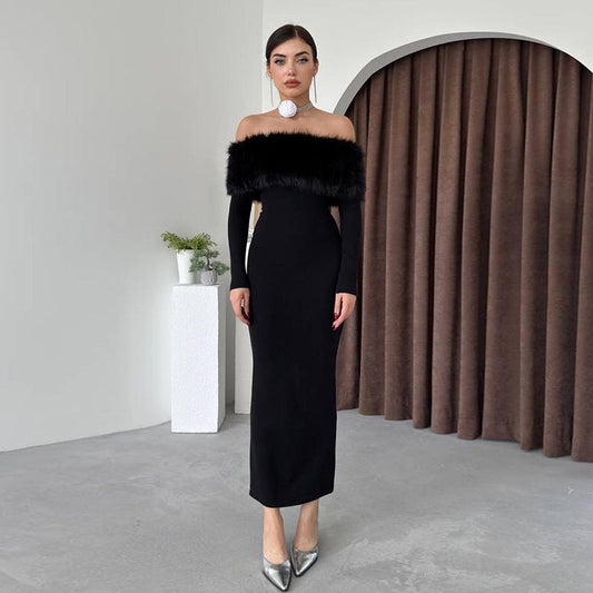 Autumn Maxi Dress Off Shoulder Fur Collar Slim Fit Dress