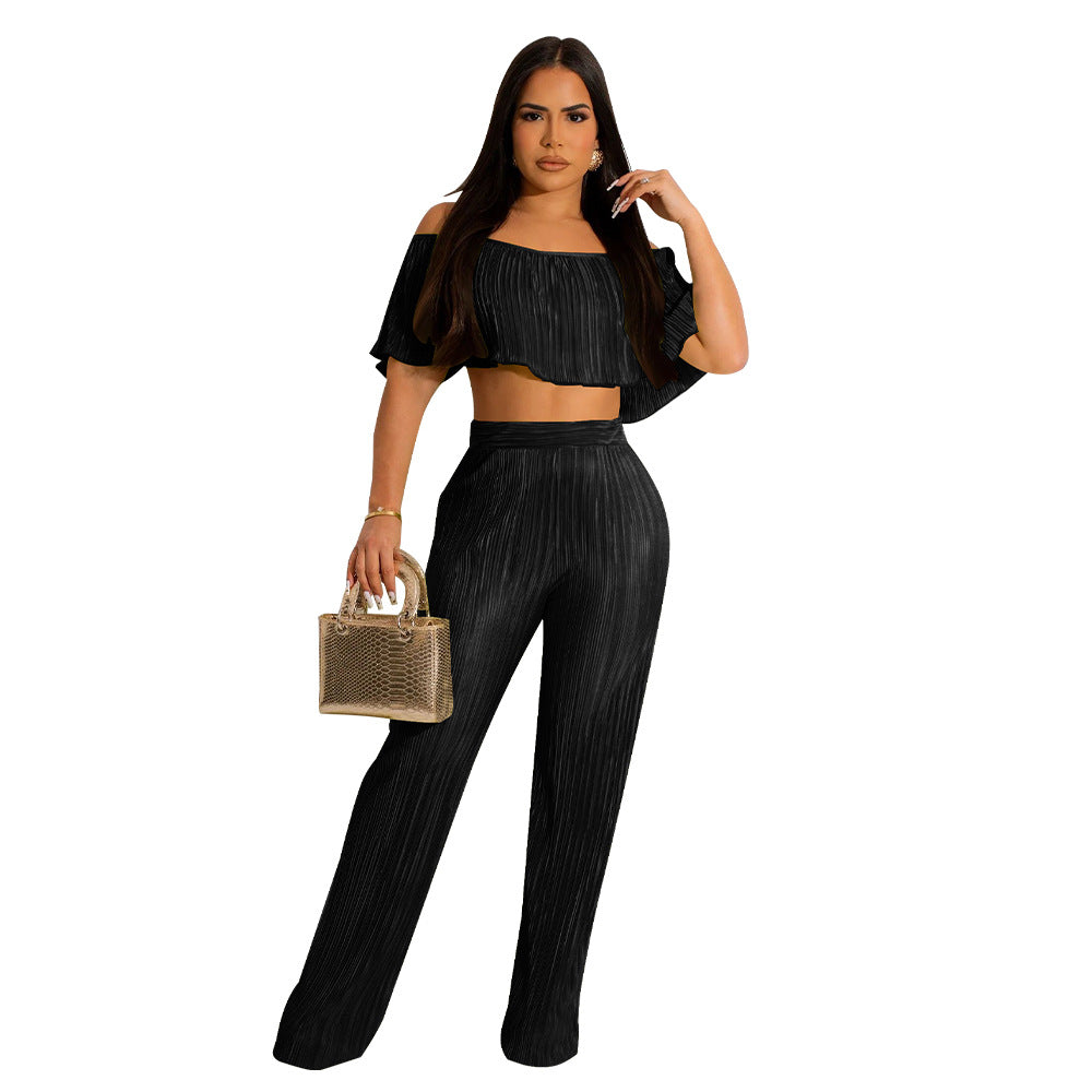 Clothing Popular Pleated Ruffled Off Shoulder Wide Leg Pants Suit
