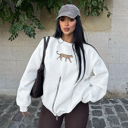 Clothing Winter Round Neck Zipper Leopard Print Long Sleeve Loose Fitting Pullover Coat