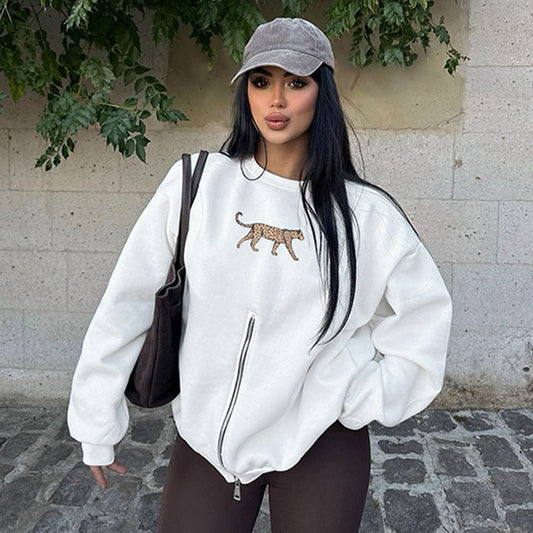 Clothing Winter Round Neck Zipper Leopard Print Long Sleeve Loose Fitting Pullover Coat