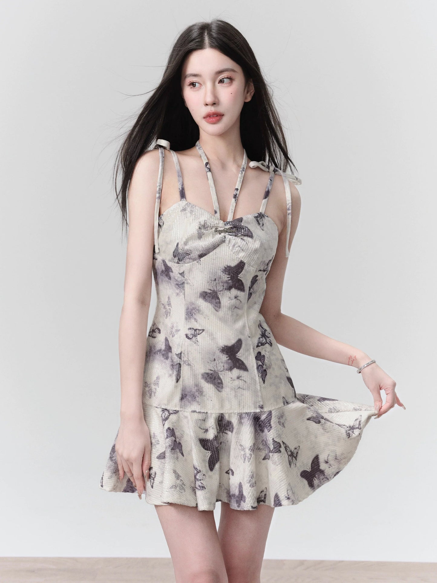 Butterfly Print Spaghetti Strap Dress With Ruffle Hem