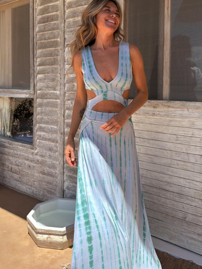 Summer Dress Printed V Neck Cropped Outfit Split Vest Long Dress