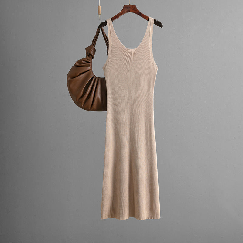 Knitted Sling Dress Summer Color Back Slit Sheath Maxi Dress
