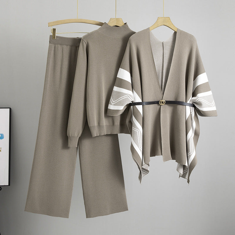 Spring Graceful Fashionable Knitted Shawl Cardigan Turtleneck Sweater Wide Leg Pants Three Piece Set