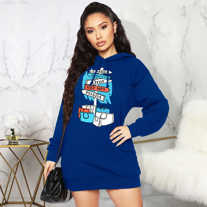 Autumn Winter Fleece Sweater Print Hooded Mid Length Top
