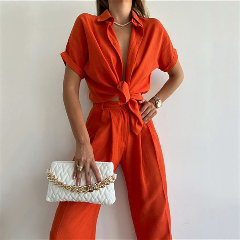 Wide Leg Pants Suit Spring Summer Loose Sleeve Shirt Top Trousers Two Piece Clothing