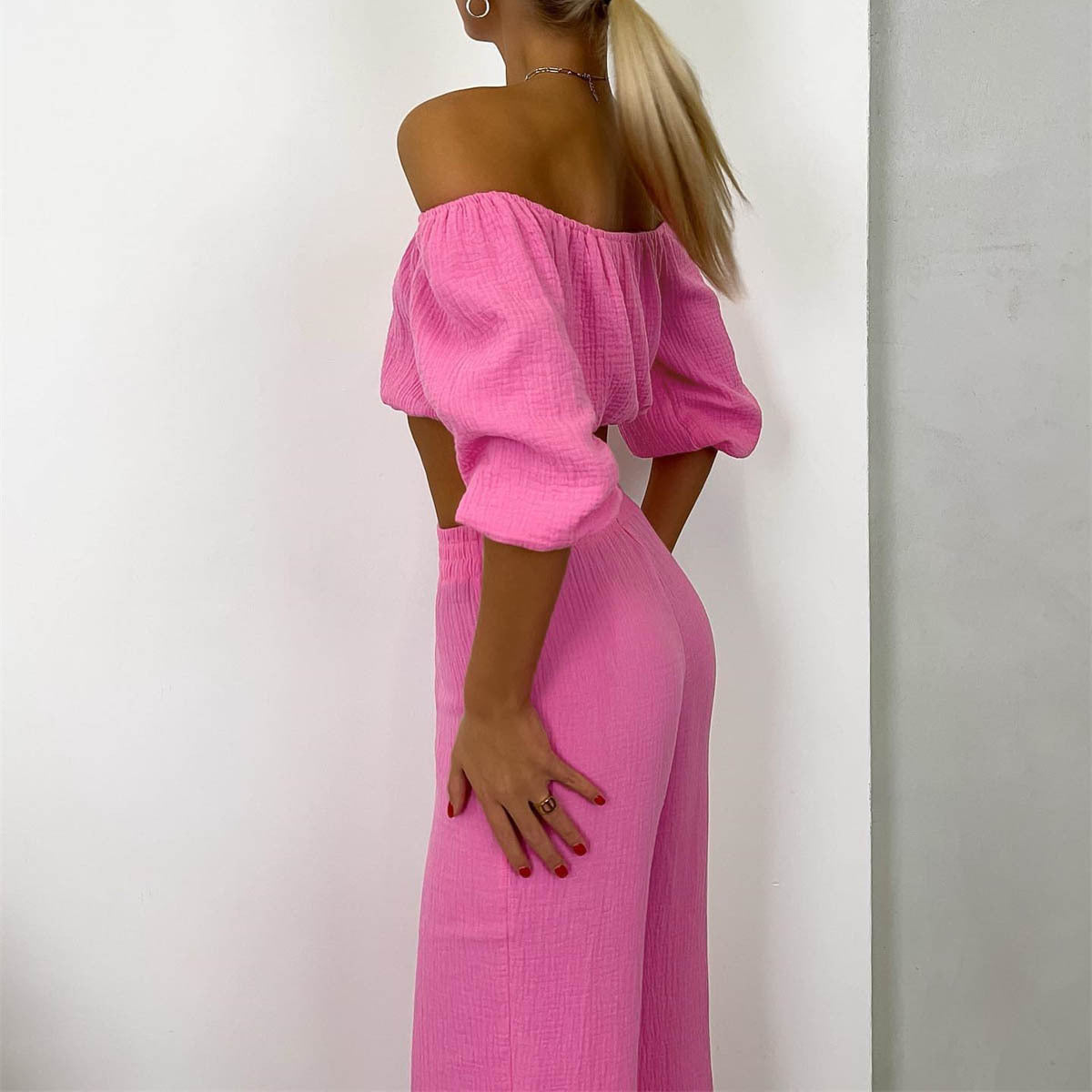 Two Piece Summer Pure Cotton Champray Color Off Neck Short Sleeved Top High Waist Wide Leg Pants Suit