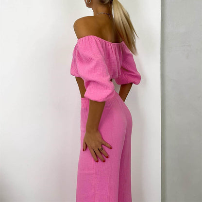 Two Piece Summer Pure Cotton Champray Color Off Neck Short Sleeved Top High Waist Wide Leg Pants Suit
