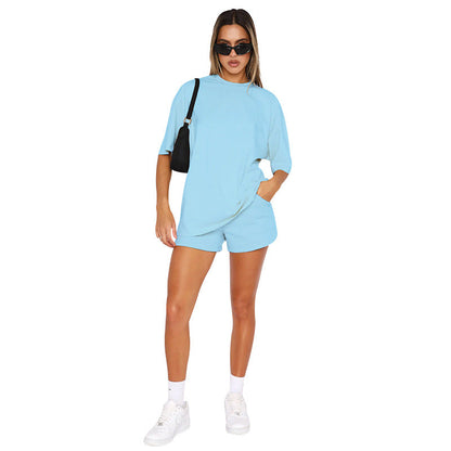 Color Round Neck Half Sleeve Pullover Top Clothing Shorts Suit Summer