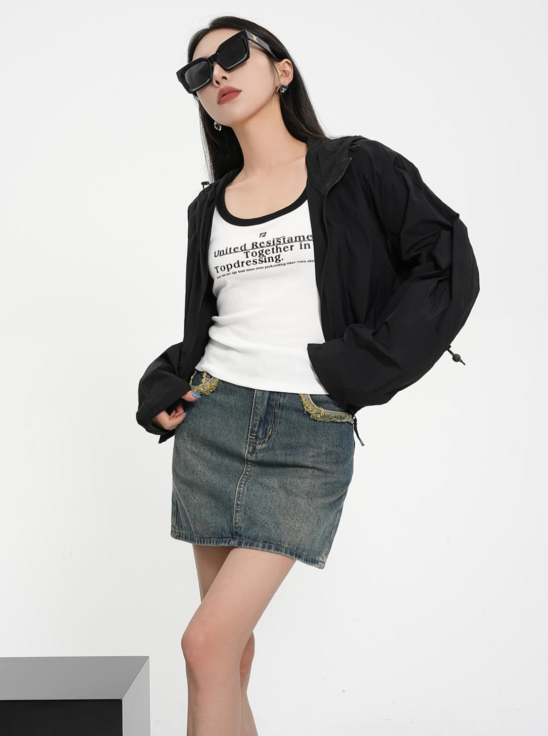 Textured Contrast Duo: Ivory Puff-sleeve Crop Blouse & Black Quilted Bomber Jacket Set