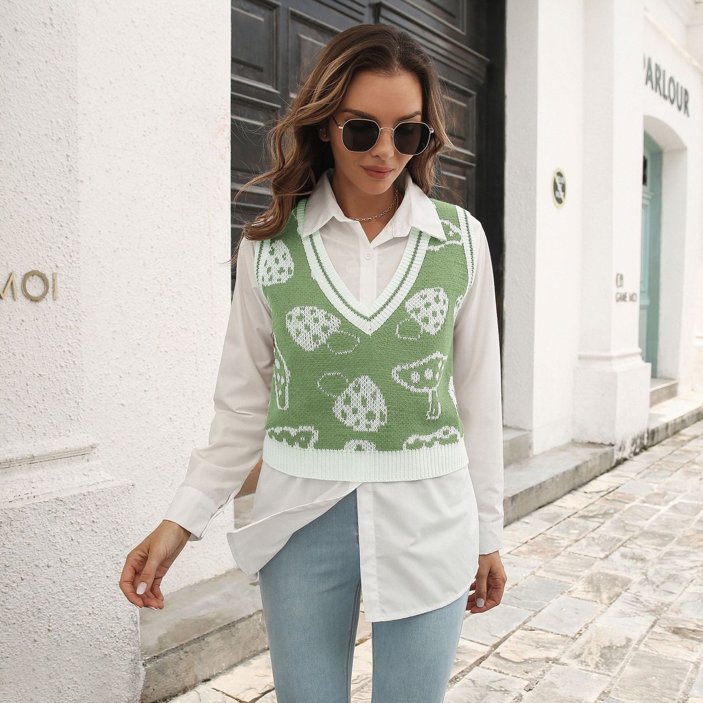 Popular Mushroom Jacquard Rhombus Vest Sweater Vest Autumn Winter Knitwear