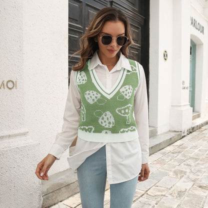 Popular Mushroom Jacquard Rhombus Vest Sweater Vest Autumn Winter Knitwear
