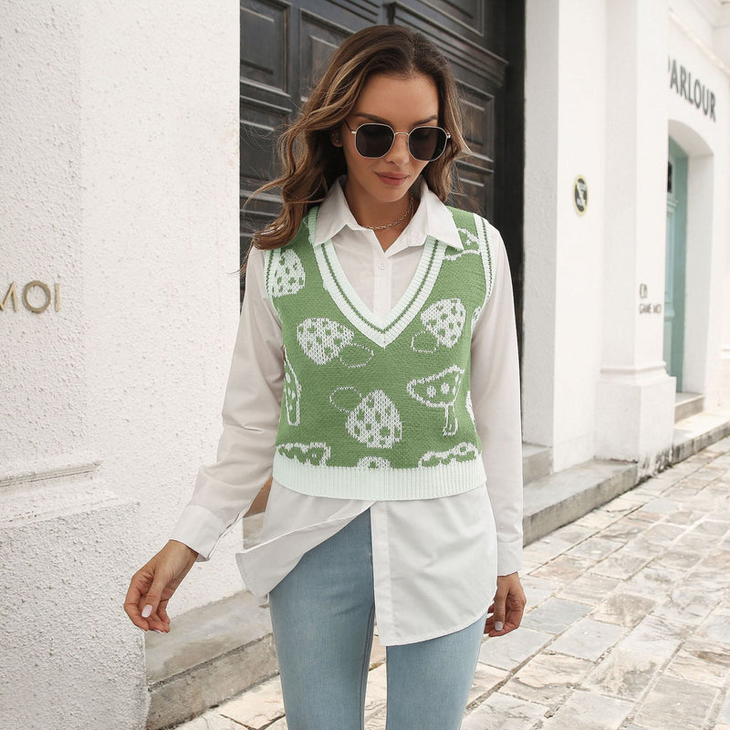 Popular Mushroom Jacquard Rhombus Vest Sweater Vest Autumn Winter Knitwear