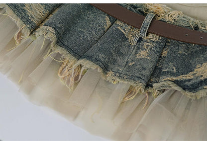Cest Nous Layered Denim Mini Skirt - Distressed Patchwork Skirt With Belt