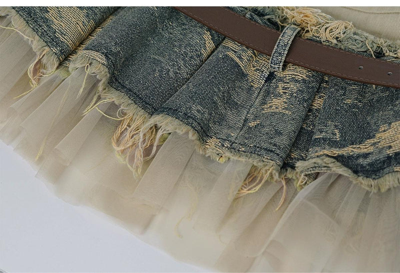 Cest Nous Layered Denim Mini Skirt - Distressed Patchwork Skirt With Belt