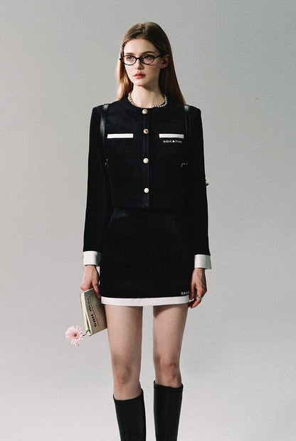 Black Velvet Contrast Trim Suit Top/skirt