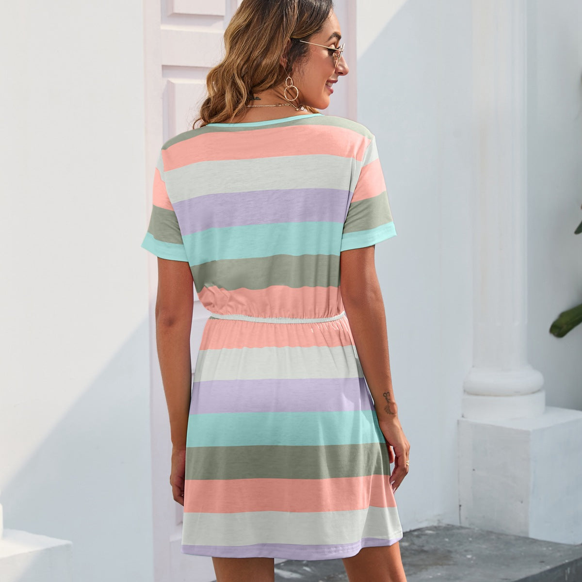 Round Neck Striped Printed Jumpsuit Short Sleeve Pajamas Dress