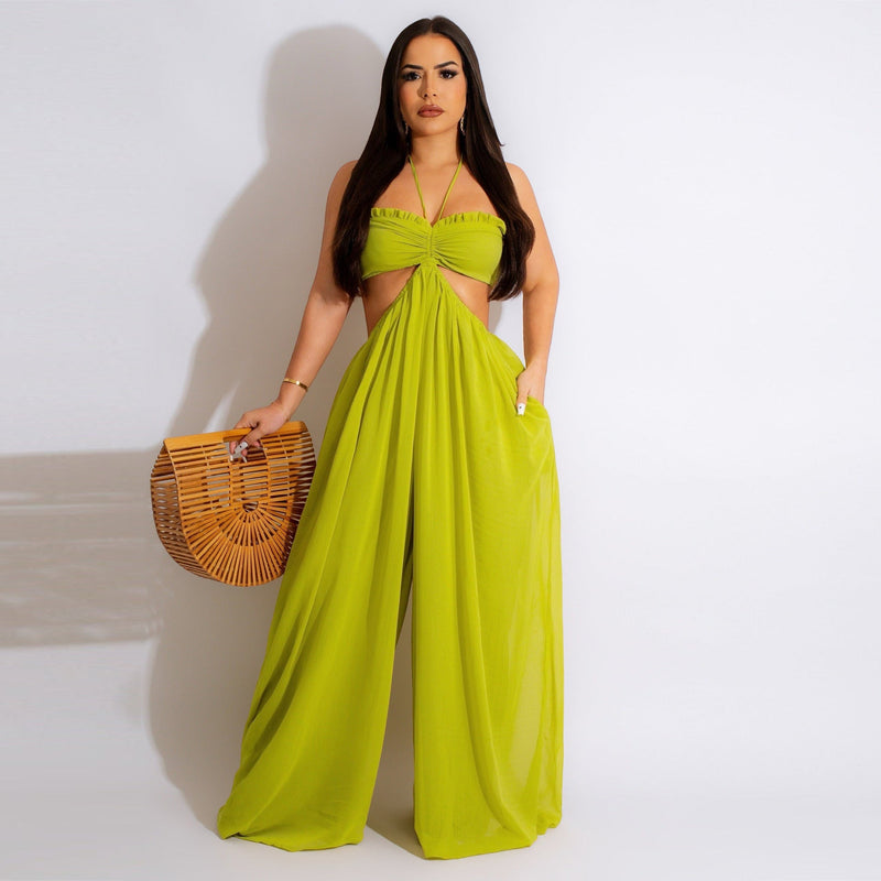 Source Chiffon Chest Wrapped Bare Back Wide Leg Jumpsuit Clothing