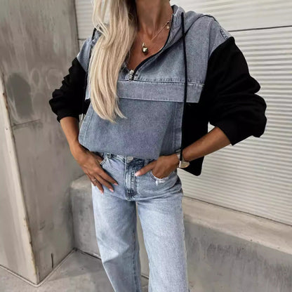 Fall Loose Washing Water Denim Stitching Hooded Sweatshirt
