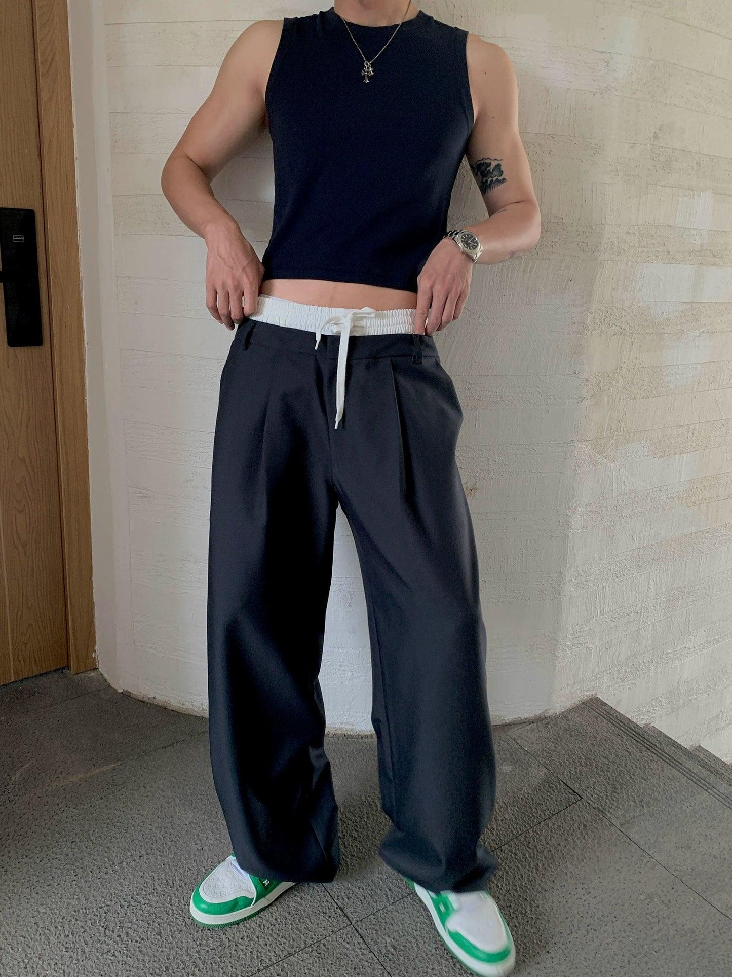 Weave Studio Navy Wide Leg Trousers - Elastic Waist Drawstring Pants With Pleated Front