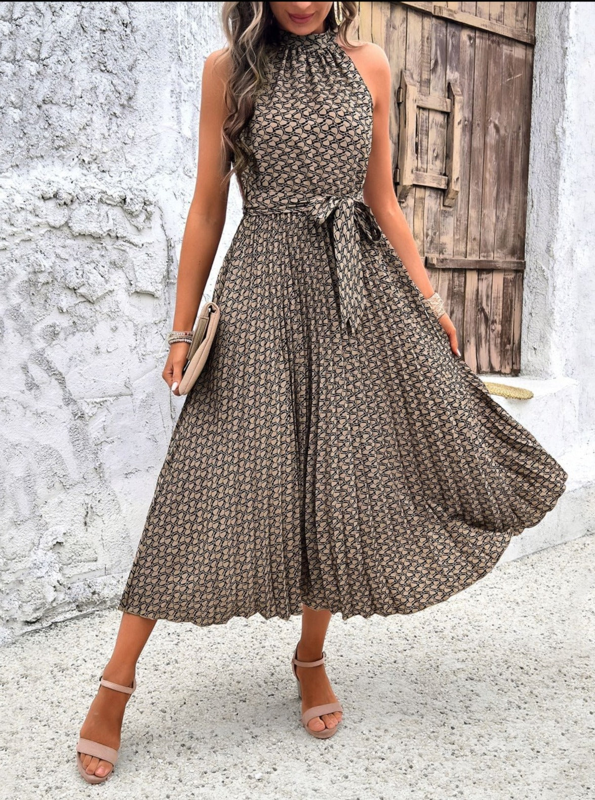 Patterned Sleeveless Halterneck Midi Dress With Waist Tie