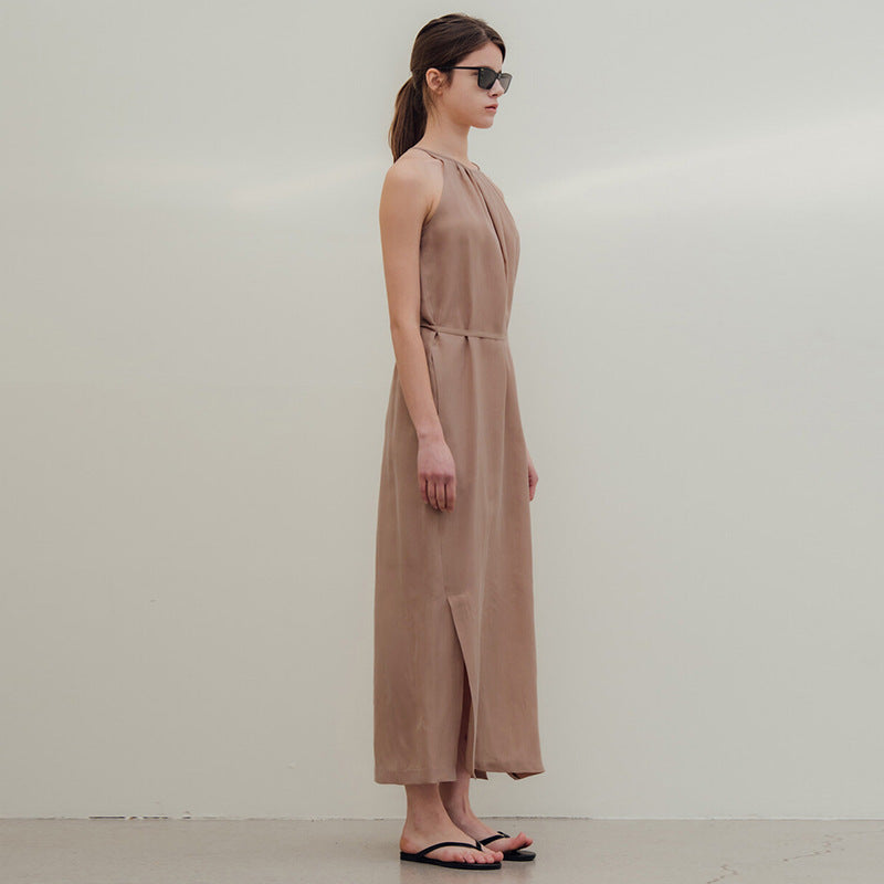 Breathable Halter Dress Twill Copper Ammonia Silk Lace Up Design Loose Slimming Split Midi Dress