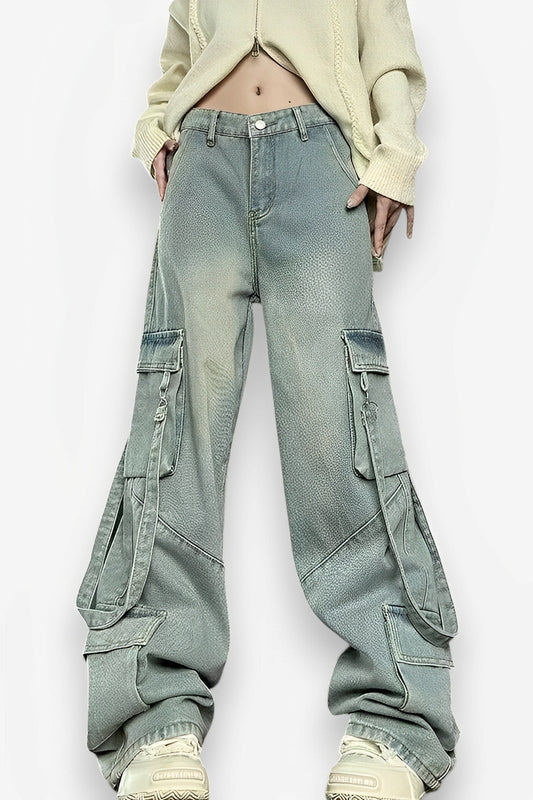 Retro Washed Overalls Wide Cargo Jeans